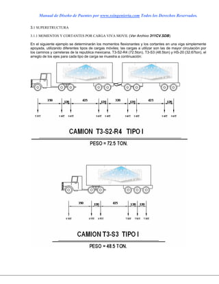 Manual de Diseño de Puentes por www.ssingenieria.com Todos los Derechos Reservados.
3.1 SUPERETRUCTURA
3.1.1 MOMENTOS Y CORTANTES POR CARGA VIVA MOVIL (Ver Archivo 311CV.SDB)
En el siguiente ejemplo se determinarán los momentos flexionantes y los cortantes en una viga simplemente
apoyada, utilizando diferentes tipos de cargas móviles; las cargas a utilizar son las de mayor circulación por
los caminos y carreteras de la republica mexicana, T3-S2-R4 (72.5ton), T3-S3 (48.5ton) y HS-20 (32.67ton), el
arreglo de los ejes para cada tipo de carga se muestra a continuación:
 