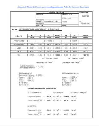 Manual de Diseño de Puentes por www.ssingenieria.com Todos los Derechos Reservados.
HOJA DE CÁLCULOS CLASIFICACION :
PROYECTO : CALCULÓ : J.F.S.
PUENTES
REVISÓ : J.F.S.
DESCRIPCIÓN :
TRABE AASHTO TIPO IV L=28m APROBÓ : ÁREA :
REFERENCIA : CIVIL/ESTR.
HOJA DE FECHA :
T R A B E : REVISION DE TRABE AASHTO TIPO IV - 38 CABLES φ1/2"
M Si σ i ACUM. Ss σ s ACUM.
Ton-m m
3
Ton/m
2
Ton/m
2
m
3
Ton/m
2
Ton/m
2
-2116.82 680.77
116.62 0.167 698.32 -1418.50 0.14 -833.00 -152.23
93.21 0.167 558.14 -860.36 0.14 -665.79 -818.01
47.04 0.253 185.93 -674.43 0.566 -83.11 -901.12
207.33 0.253 819.49 145.06 0.566 -366.31 -1267.43
Σ = 2261.88 Ton/m
2
Σ = -1948.20 Ton/m
2
145.0597600150 Ton/m
2
-1267.43038 -1400 Ton/m
2
SECCION SIMPLE SECCION COMPUESTA
Centroide del Presfuerzo = 0.1053 m
A trabe = 0.497 m
2
A trabe = 0.8033 m
2
y trabe = 0.615 m y trabe = 0.933 m
I trabe = 0.103 m
4
I trabe = 0.236 m
4
Si = 0.167 m
3
Si = 0.253 m
3
Ss = 0.140 m
3
Ss = 0.566 m
3
ESFUERZOS PERMISIBLES (ASSHTO 9.15.2)
A) TRANSFERENCIA f'c = 350 Kg/cm
2
f'ci = 0.85f'c = 298 Kg/cm
2
Compresion =0.60 f'ci = -178.80 Kg / cm2
= -1788.00 Ton / m
2
Tension = 1.60 f'ci = 27.62 Kg / cm2
= 276.20 Ton / m
2
B) SERVICIO
Compresión = 0.40 f´c -140.00 Kg / cm2
= -1400.00 Ton / m
2
Tensión = 0.80 f'c = 14.97 Kg / cm2
= 149.67 Ton / m
2
C.M.S.
C.V.
FUERZA POR TORON
= 11.0 Ton
DESPUES DE PERDIDAS
E T A P A
PRESFUERZO
PESO PROPIO
LOSA
 