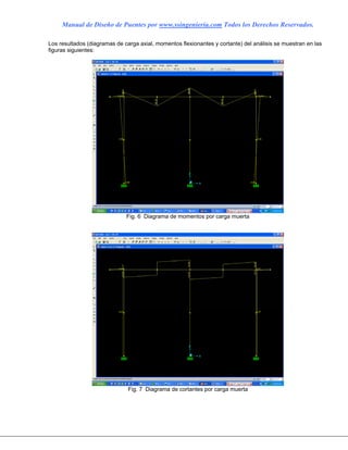 Manual de Diseño de Puentes por www.ssingenieria.com Todos los Derechos Reservados.
Los resultados (diagramas de carga axial, momentos flexionantes y cortante) del análisis se muestran en las
figuras siguientes:
Fig. 6 Diagrama de momentos por carga muerta
Fig. 7 Diagrama de cortantes por carga muerta
 