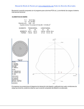 Manual de Diseño de Puentes por www.ssingenieria.com Todos los Derechos Reservados.
Revisando la sección propuesta con el programa para columnas PCA-col, y convirtiendo las cargas al sistema
internacional tenemos:
ELEMENTOS DE DISEÑO
24.51 Mpa
411.76 Mpa
1200 mm
Cuantía mínima 1% es decir 24 Vars 8C = 121.68 cm
2
ELEMENTO
1a. 1a. 2a.
634.37 1030.65 1030.65 KN-m
1146.00 917.24 721.04 KN
fy =
Diametro col.=
TRANSVERSAL
f´c =
LONGITUDINAL
2a.
634.37
492.27
MOMENTO
FUERZA
El programa nos proporciona el diagrama de interacción del pilastrón, graficando las cuatro condiciones de
carga que tenemos, podemos observar que la sección propuesta del pilastrón es adecuada.
 