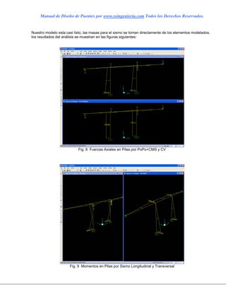 Manual de Diseño de Puentes por www.ssingenieria.com Todos los Derechos Reservados.
Nuestro modelo esta casi listo, las masas para el sismo se toman directamente de los elementos modelados,
los resultados del análisis se muestran en las figuras siguientes:
Fig. 8 Fuerzas Axiales en Pilas por PoPo+CMS y CV
Fig. 9 Momentos en Pilas por Sismo Longitudinal y Transversal
 