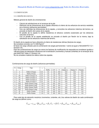 Manual de Diseño de Puentes por www.ssingenieria.com Todos los Derechos Reservados.
3.3 CIMENTACION
3.2.1 DISEÑO DE ZAPATA
Método general de diseño de cimentaciones:
- Calculo de solicitaciones en el arranque de la pila
- Definición de las dimensiones de la zapata utilizando el criterio de los esfuerzos de servicio resistidos
por el terreno (esfuerzos permisibles)
- Una vez definidas las dimensiones de la zapata, y conocidos los esfuerzos máximos del terreno, se
procede al diseño del cuerpo de la zapata
- El peralte de la zapata lo define resistencia al esfuerzo cortante ocasionado por los esfuerzos
inducidos al terreno
- Con el peralte de la zapata establecido se procede al diseño por flexión de la misma, bajo la
solicitación de los esfuerzos máximos del terreno.
El diseño de la zapata se hace utilizando el criterio de resistencias últimas (factores de carga),
Se considera concreto con f’c=250 Kg/cm2
El factor de carga utilizado para la combinación de cargas permanentes + sismo es igual a 1.0 (AASHTO 7.2.1
División I-A)
Para las combinaciones de carga con sismo los factores de modificación de respuesta se consideran iguales a
1.0 para todos los elementos mecánicos de la solicitación (momentos y fuerzas cortantes) en el arranque de la
pila (AASTHO Tabla 3.7 División I-A)
No se considera material de relleno sobre las zapatas.
Combinaciones de carga de diseño (esfuerzos permisibles)
βN Grup. Tipo γ
PoPo CV T Sismo L Sismo T Viento
1 I PoPo+CVmax 1.0 1.0 1.0 0.0 0.0 0.0 0.0
2 I PoPo-CVmin 1.0 1.0 1.0 0.0 0.0 0.0 0.0
3 IV PoPo+CVmax+T 1.0 1.0 1.0 1.0 0.0 0.0 0.0
4 IV PoPo+CVmin+T 1.0 1.0 1.0 1.0 0.0 0.0 0.0
5 IV PoPo+CVmax-T 1.0 1.0 1.0 1.0 0.0 0.0 0.0
6 IV PoPo+CVmin-T 1.0 1.0 1.0 1.0 0.0 0.0 0.0
7 VII’ PoPo+Sismo Long. 1.0 1.0 0.0 0.0 1.0 0.0 0.0
8 VII’ PoPo-Sismo Long. 1.0 1.0 0.0 0.0 1.0 0.0 0.0
9 VII’ PoPo+Sismo Trans. 1.0 1.0 0.0 0.0 0.0 1.0 0.0
10 VII’ PoPo-Sismo Long. 1.0 1.0 0.0 0.0 0.0 1.0 0.0
11 II’ PoPo+Viento 1.0 1.0 0.0 0.0 0.0 0.0 1.0
12 II’ PoPo-Viento 1.0 1.0 0.0 0.0 0.0 0.0 1.0
Para cada tipo de elemento mecánico (momentos, cortantes, etc.) los valores de diseño de cada combinación
de carga se definen como:
( )VientoVientoSismoSismoTTCVCVPoPoPoPocombcomb FFFFFF βββββγ ++++⋅=
 