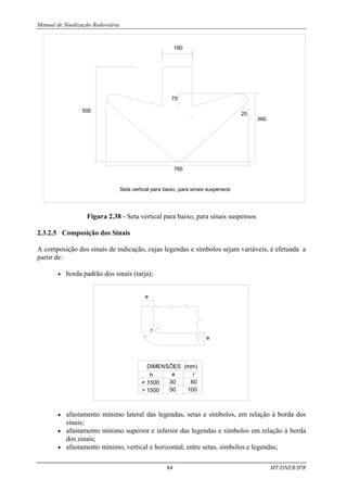 Manual de Sinalização Rodoviária
84 MT/DNER/IPR
360
760
160
70
500
20
Seta vertical para baixo, para sinais suspensos
Figura 2.38 - Seta vertical para baixo, para sinais suspensos
2.3.2.5 Composição dos Sinais
A composição dos sinais de indicação, cujas legendas e símbolos sejam variáveis, é efetuada a
partir de:
• borda padrão dos sinais (tarja);
• afastamento mínimo lateral das legendas, setas e símbolos, em relação à borda dos
sinais;
• afastamento mínimo superior e inferior das legendas e símbolos em relação à borda
dos sinais;
• afastamento mínimo, vertical e horizontal, entre setas, símbolos e legendas;
 