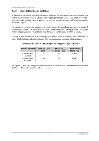 Manual de Sinalização Rodoviária
89 MT/DNER/IPR
2.3.3.1 Sinais de Identificação da Rodovia
A finalidade dos sinais de identificação das rodovias é a de fornecer aos seus usuários uma
referência de localização, no curso de sua viagem pela malha viária. Este sinal, associado a
informações de mapas e guias de viagem, permite aos usuários seguir e confirmar o seu roteiro
prévio de viagem.
De maneira a permitir aos usuários o reconhecimento do sentido de percurso, os sinais de
identificação devem ser associados a sinais complementares, correspondentes aos quatro
pontos cardeais, que são colocados na base do sinal de identificação da rodovia federal.
Quanto às suas dimensões, e por conseqüência às das letras e números neles utilizados, os
sinais de identificação são diferenciados pelo tipo da rodovia, conforme tabela a seguir:
Dimensões do Sinal de Identificação em Função do Tipo da Rodovia
Tipo da Rodovia Altura da Letra
(cm)
Altura do
Número (cm)
Dimensões do
Sinal (cm)
Classe I-B ou
inferior
17,5 20 60x67
Classe I-A ou
Classe 0
20 25 80x90
As Figuras 2.46 e 2.47 a seguir mostram os sinais de identificação correspondentes às rodovias
de Classe I-B ou inferior e Classe I-A ou superior.
 