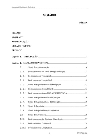 Manual de Sinalização Rodoviária
i MT/DNER/IPR
SUMÁRIO
PÁGINA
RESUMO
ABSTRACT
APRESENTAÇÃO
LISTA DE FIGURAS
PREFÁCIO
Capítulo 1. INTRODUÇÃO ................................................................................................ 1
Capítulo 2. SINALIZAÇÃO VERTICAL.......................................................................... 3
2.1. Sinais de regulamentação.......................................................................... 6
2.1.1. Posicionamento dos sinais de regulamentação ......................................... 7
2.1.1.1. Posicionamento Transversal...................................................................... 7
2.1.1.2. Posicionamento Longitudinal.................................................................... 8
2.1.2. Sinais de Regulamentação de Obrigação................................................ 12
2.1.2.1. Posicionamento do sinal PARE .............................................................. 13
2.1.2.2. Posicionamento do sinal DÊ A PREFERÊNCIA.................................... 15
2.1.3. Sinais de Regulamentação de Restrição.................................................. 26
2.1.4. Sinais de Regulamentação de Proibição ................................................. 30
2.1.5. Sinais de Permissão................................................................................. 37
2.1.6. Sinais de Regulamentação Compostos.................................................... 37
2.2. Sinais de Advertência.............................................................................. 38
2.2.1. Posicionamento dos Sinais de Advertência............................................. 39
2.2.1.1. Posicionamento Transversal.................................................................... 39
2.2.1.2. Posicionamento Longitudinal.................................................................. 39
 