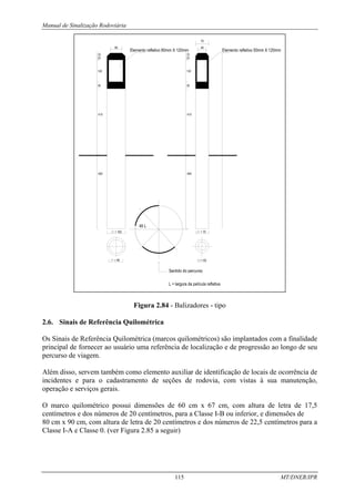 Manual de Sinalização Rodoviária
115 MT/DNER/IPR
Figura 2.84 - Balizadores - tipo
2.6. Sinais de Referência Quilométrica
Os Sinais de Referência Quilométrica (marcos quilométricos) são implantados com a finalidade
principal de fornecer ao usuário uma referência de localização e de progressão ao longo de seu
percurso de viagem.
Além disso, servem também como elemento auxiliar de identificação de locais de ocorrência de
incidentes e para o cadastramento de seções de rodovia, com vistas à sua manutenção,
operação e serviços gerais.
O marco quilométrico possui dimensões de 60 cm x 67 cm, com altura de letra de 17,5
centímetros e dos números de 20 centímetros, para a Classe I-B ou inferior, e dimensões de
80 cm x 90 cm, com altura de letra de 20 centímetros e dos números de 22,5 centímetros para a
Classe I-A e Classe 0. (ver Figura 2.85 a seguir)
 