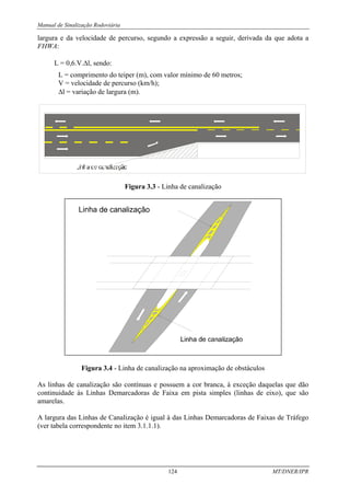 Manual de Sinalização Rodoviária
124 MT/DNER/IPR
largura e da velocidade de percurso, segundo a expressão a seguir, derivada da que adota a
FHWA:
L = 0,6.V.∆l, sendo:
L = comprimento do teiper (m), com valor mínimo de 60 metros;
V = velocidade de percurso (km/h);
∆l = variação de largura (m).
Figura 3.3 - Linha de canalização
Figura 3.4 - Linha de canalização na aproximação de obstáculos
As linhas de canalização são contínuas e possuem a cor branca, à exceção daquelas que dão
continuidade às Linhas Demarcadoras de Faixa em pista simples (linhas de eixo), que são
amarelas.
A largura das Linhas de Canalização é igual à das Linhas Demarcadoras de Faixas de Tráfego
(ver tabela correspondente no item 3.1.1.1).
 