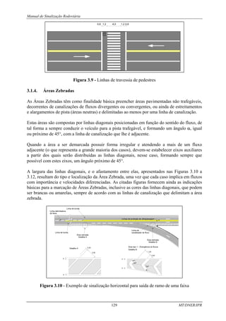 Manual de Sinalização Rodoviária
129 MT/DNER/IPR
Figura 3.9 - Linhas de travessia de pedestres
3.1.4. Áreas Zebradas
As Áreas Zebradas têm como finalidade básica preencher áreas pavimentadas não trafegáveis,
decorrentes de canalizações de fluxos divergentes ou convergentes, ou ainda de estreitamentos
e alargamentos de pista (áreas neutras) e delimitadas ao menos por uma linha de canalização.
Estas áreas são compostas por linhas diagonais posicionadas em função do sentido do fluxo, de
tal forma a sempre conduzir o veículo para a pista trafegável, e formando um ângulo α, igual
ou próximo de 45°, com a linha de canalização que lhe é adjacente.
Quando a área a ser demarcada possuir forma irregular e atendendo a mais de um fluxo
adjacente (o que representa a grande maioria dos casos), devem-se estabelecer eixos auxiliares
a partir dos quais serão distribuídas as linhas diagonais, nesse caso, formando sempre que
possível com estes eixos, um ângulo próximo de 45°.
A largura das linhas diagonais, e o afastamento entre elas, apresentados nas Figuras 3.10 a
3.12, resultam do tipo e localização da Área Zebrada, uma vez que cada caso implica em fluxos
com importância e velocidades diferenciadas. As citadas figuras fornecem ainda as indicações
básicas para a marcação de Áreas Zebradas, inclusive as cores das linhas diagonais, que podem
ser brancas ou amarelas, sempre de acordo com as linhas de canalização que delimitam a área
zebrada.
Figura 3.10 - Exemplo de sinalização horizontal para saída de ramo de uma faixa
 