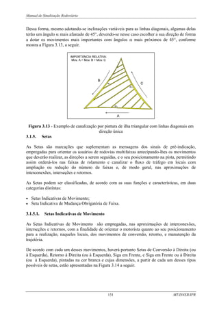 Manual de Sinalização Rodoviária
131 MT/DNER/IPR
Dessa forma, mesmo adotando-se inclinações variáveis para as linhas diagonais, algumas delas
terão um ângulo α mais afastado de 45°, devendo-se nesse caso escolher a sua direção de forma
a dotar os movimentos mais importantes com ângulos α mais próximos de 45°, conforme
mostra a Figura 3.13, a seguir.
Figura 3.13 - Exemplo de canalização por pintura de ilha triangular com linhas diagonais em
direção única
3.1.5. Setas
As Setas são marcações que suplementam as mensagens dos sinais de pré-indicação,
empregadas para orientar os usuários de rodovias multifaixas antecipando-lhes os movimentos
que deverão realizar, as direções a serem seguidas, e o seu posicionamento na pista, permitindo
assim ordená-los nas faixas de rolamento e canalizar o fluxo de tráfego em locais com
ampliação ou redução do número de faixas e, de modo geral, nas aproximações de
interconexões, interseções e retornos.
As Setas podem ser classificadas, de acordo com as suas funções e características, em duas
categorias distintas:
• Setas Indicativas de Movimento;
• Seta Indicativa de Mudança Obrigatória de Faixa.
3.1.5.1. Setas Indicativas de Movimento
As Setas Indicativas de Movimento são empregadas, nas aproximações de interconexões,
interseções e retornos, com a finalidade de orientar o motorista quanto ao seu posicionamento
para a realização, naqueles locais, dos movimentos de conversão, retorno, e manutenção da
trajetória.
De acordo com cada um desses movimentos, haverá portanto Setas de Conversão à Direita (ou
à Esquerda), Retorno à Direita (ou à Esquerda), Siga em Frente, e Siga em Frente ou à Direita
(ou à Esquerda), pintadas na cor branca e cujas dimensões, a partir de cada um desses tipos
possíveis de setas, estão apresentadas na Figura 3.14 a seguir.
 