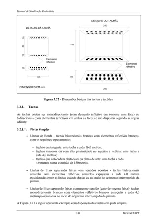 Manual de Sinalização Rodoviária
140 MT/DNER/IPR
Figura 3.22 - Dimensões básicas das tachas e tachões
3.2.1. Tachas
As tachas podem ser monodirecionais (com elemento refletivo em somente uma face) ou
bidirecionais (com elementos refletivos em ambas as faces) e são dispostas segundo as regras
adiante:
3.2.1.1. Pistas Simples
• Linhas de Borda - tachas bidirecionais brancas com elementos refletivos brancos,
com os seguintes espaçamentos:
− trechos em tangente: uma tacha a cada 16,0 metros;
− trechos sinuosos ou com alta pluviosidade ou sujeitos a neblina: uma tacha a
cada 4,0 metros;
− trechos que antecedem obstáculos ou obras de arte: uma tacha a cada
4,0 metros numa extensão de 150 metros.
• Linhas de Eixo separando faixas com sentidos opostos - tachas bidirecionais
amarelas com elementos refletivos amarelos espaçadas a cada 4,0 metros
posicionadas entre as linhas quando duplas ou no meio do segmento interrompido da
pintura.
• Linhas de Eixo separando faixas com mesmo sentido (caso de terceira faixa)- tachas
monodirecionais brancas com elementos refletivos brancos espaçadas a cada 4,0
metros posicionadas no meio do segmento interrompido da pintura.
A Figura 3.23 a seguir apresenta exemplo com disposição das tachas em pista simples.
DIMENSÕES EM mm
 