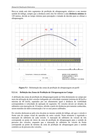 Manual de Sinalização Rodoviária
MT/DNER/IPR
148
Deve-se ainda unir dois segmentos de proibição de ultrapassagem, relativos a um mesmo
sentido de tráfego, sempre que a distância entre eles for inferior a uma distância mínima de
120 metros, devida ao tempo mínimo para percepção e tomada de decisão para se efetuar a
ultrapassagem.
Figura 5.1 - Delimitação das zonas de proibição de ultrapassagem em perfil
5.2.1.4. Definição das Zonas de Proibição de Ultrapassagem no Campo
A definição das zonas de proibição de ultrapassagem pode ser feita diretamente no campo por
meio da utilização de dois veículos trafegando em velocidade constante (mínima de 40 km/h e
máxima de 60 km/h), separados por um afastamento igual à distância de visibilidade
correspondente à velocidade de operação do segmento. Os veículos devem ser dotados de
odômetro com marcações de 10 metros, aferido a partir de distâncias previamente conhecidas,
serem munidos de rádio-comunicação e ter os seus pneus calibrados.
Os veículos deslocam-se pelo eixo da pista no mesmo sentido de tráfego, até que o veículo à
frente saia do campo visual do operador do outro veículo. Neste momento é registrada a
marcação do odômetro de cada veículo. A marcação do odômetro do veículo de trás
corresponde ao ponto do início da zona de proibição de ultrapassagem para o sentido de
percurso dos veículos, enquanto que a marcação do odômetro do veículo da frente
corresponde ao ponto de término da zona de proibição de ultrapassagem para o sentido
contrário ao de percurso dos veículos.
 