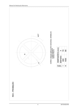 Manual de Sinalização Rodoviária
4 MT/DNER/IPR
a
4
5
º
a
CORES:
TARJAS
CIRCULAR
E
DIAGONAL
VERMELHA
FUNDO
BRANCO
VERSO
PRETO
RD3
-
PROIBIÇÃO
 