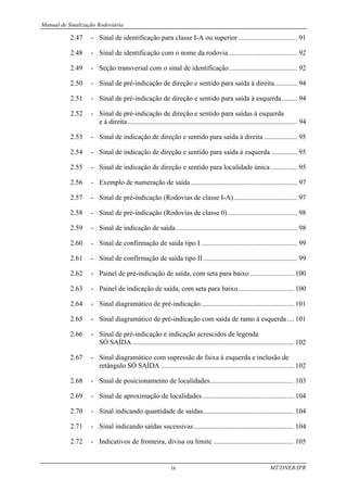 Manual de Sinalização Rodoviária
ix MT/DNER/IPR
2.47 - Sinal de identificação para classe I-A ou superior.................................. 91
2.48 - Sinal de identificação com o nome da rodovia ....................................... 92
2.49 - Seção transversal com o sinal de identificação....................................... 92
2.50 - Sinal de pré-indicação de direção e sentido para saída à direita............. 94
2.51 - Sinal de pré-indicação de direção e sentido para saída à esquerda......... 94
2.52 - Sinal de pré-indicação de direção e sentido para saídas à esquerda
e à direita................................................................................................. 94
2.53 - Sinal de indicação de direção e sentido para saída à direita ................... 95
2.54 - Sinal de indicação de direção e sentido para saída à esquerda ............... 95
2.55 - Sinal de indicação de direção e sentido para localidade única ............... 95
2.56 - Exemplo de numeração de saída............................................................. 97
2.57 - Sinal de pré-indicação (Rodovias de classe I-A) .................................... 97
2.58 - Sinal de pré-indicação (Rodovias de classe 0)........................................ 98
2.59 - Sinal de indicação de saída ..................................................................... 98
2.60 - Sinal de confirmação de saída tipo I ....................................................... 99
2.61 - Sinal de confirmação de saída tipo II...................................................... 99
2.62 - Painel de pré-indicação de saída, com seta para baixo ......................... 100
2.63 - Painel de indicação de saída, com seta para baixo................................ 100
2.64 - Sinal diagramático de pré-indicação..................................................... 101
2.65 - Sinal diagramático de pré-indicação com saída de ramo à esquerda.... 101
2.66 - Sinal de pré-indicação e indicação acrescidos de legenda
SÓ SAÍDA ............................................................................................ 102
2.67 - Sinal diagramático com supressão de faixa à esquerda e inclusão de
retângulo SÓ SAÍDA ............................................................................ 102
2.68 - Sinal de posicionamento de localidades................................................ 103
2.69 - Sinal de aproximação de localidades .................................................... 104
2.70 - Sinal indicando quantidade de saídas.................................................... 104
2.71 - Sinal indicando saídas sucessivas ......................................................... 104
2.72 - Indicativos de fronteira, divisa ou limite .............................................. 105
 