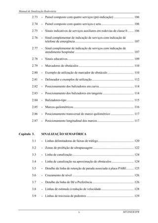 Manual de Sinalização Rodoviária
x MT/DNER/IPR
2.73 - Painel composto com quatro serviços (pré-indicação) ......................... 106
2.74 - Painel composto com quatro serviços e seta......................................... 106
2.75 - Sinais indicativos de serviços auxiliares em rodovias de classe 0........ 106
2.76 - Sinal complementar de indicação de serviços com indicação de
telefone de emergência.......................................................................... 107
2.77 - Sinal complementar de indicação de serviços com indicação de
atendimento hospitalar .......................................................................... 107
2.78 - Sinais educativos................................................................................... 109
2.79 - Marcadores de obstáculos ..................................................................... 110
2.80 - Exemplo de utilização de marcador de obstáculo................................. 110
2.81 - Delineador e exemplos de utilização..................................................... 112
2.82 - Posicionamento dos balizadores em curva............................................ 114
2.83 - Posicionamento dos balizadores em tangente....................................... 114
2.84 - Balizadores-tipo .................................................................................... 115
2.85 - Marcos quilométricos............................................................................ 116
2.86 - Posicionamento transversal do marco quilométrico ............................. 117
2.87 - Posicionamento longitudinal dos marcos.............................................. 117
Capítulo 3. SINALIZAÇÃO SEMAFÓRICA
3.1 - Linhas delimitadoras de faixas de tráfego............................................. 120
3.2 - Zonas de proibição de ultrapassagem ................................................... 122
3.3 - Linha de canalização............................................................................. 124
3.4 - Linha de canalização na aproximação de obstáculos............................ 124
3.5 - Detalhe da linha de retenção de parada associada à placa PARE......... 125
3.6 - Cruzamento de nível ............................................................................. 126
3.7 - Detalhe da linha de Dê a Preferência.................................................... 126
3.8 - Linhas de estímulo à redução de velocidade......................................... 128
3.9 - Linhas de travessia de pedestres ........................................................... 129
 