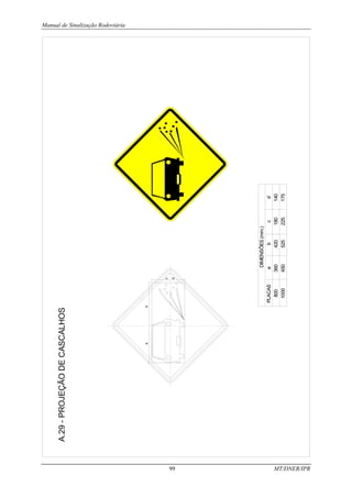 Manual de Sinalização Rodoviária
99 MT/DNER/IPR
A.29
-
PROJEÇÃO
DE
CASCALHOS
PLACAS
800
1000
DIMENSÕES
(mm.)
a
360
450
b
420
525
c
180
225
d
140
175
a
b
c
d
 