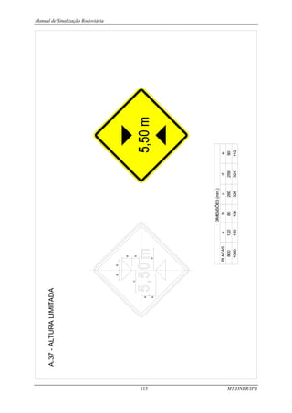 Manual de Sinalização Rodoviária
115 MT/DNER/IPR
A.37
-
ALTURA
LIMITADA
PLACAS
800
1000
DIMENSÕES
(mm.)
a
120
150
e
90
112
b
80
100
c
260
325
d
259
324
a
a
a
b
b
c
d
e
 