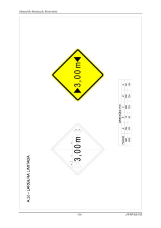 Manual de Sinalização Rodoviária
116 MT/DNER/IPR
A.38
-
LARGURA
LIMITADA
PLACAS
800
1000
DIMENSÕES
(mm.)
a
104
130
e
80
100
b
16
20
c
260
325
d
259
324
a
b
c
d
e
e
 
