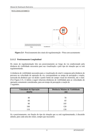 Manual de Sinalização Rodoviária
8 MT/DNER/IPR
min 1,00 m
Acostamento
Pista
1,20
m
1,20
m
PISTA COM AC OSTAMENTO
Figura 2.4 - Posicionamento dos sinais de regulamentação - Pista com acostamento
2.1.1.2 Posicionamento Longitudinal
Os sinais de regulamentação têm seu posicionamento ao longo da via condicionado pela
distância de visibilidade necessária para sua visualização e pelo tipo de situação que se está
regulamentando.
A distância de visibilidade necessária para a visualização do sinal é composta pela distância de
percurso na velocidade de operação da via, correspondente ao tempo de percepção e reação,
acrescida da distância que vai desde o ponto limite do campo visual do motorista, até o sinal.
(Ver Figura 2.5). A tabela a seguir relaciona distâncias de visibilidade para as velocidades de
operação comumente consideradas, para um tempo de percepção e reação de
3 segundos.
Velocidade de Operação
(km/h)
Distância Mínima de Visibilidade
(m)
40
60
80
100
110
70
85
105
120
130
Já o posicionamento, em função do tipo de situação que se está regulamentando, é discutido
adiante, para cada uma dos sinais, sempre que necessário.
 