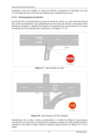 Manual de Sinalização Rodoviária
13 MT/DNER/IPR
sinalização, como por exemplo as Linhas de Estímulo à Redução de Velocidade (ver item
3.1.2.3), tendo em vista o alto risco de acidentes que se estabelece neste caso.
2.1.2.1 Posicionamento do sinal Pare
O sinal Pare deve ser posicionado no ponto de parada do veículo, ou o mais próximo possível
dele, sendo recomendável a sua suplementação por uma faixa de retenção e pela palavra Pare
pintada no pavimento. A distância em relação à via principal varia de um mínimo de 1,8 m para
um máximo de 5,0 m (situação sem canalização), ver Figuras 2.7 e 2.8.
5,00 m
R = 1,5 cm
Figura 2.7 - Aproximação sem ilhas
1,80 m
R = 1,50 m
1,80 m
PARE
Figura 2.8 - Aproximação com ilha triangular
Normalmente ela se situa à direita, considerando-se o sentido do tráfego de aproximação,
exceção feita nas conversões à esquerda com canalização, quando ela estará postada somente à
esquerda ou em ambos os lados, conforme ilustrado respectivamente nas figuras 2.9 e 2.10 a
seguir:
 