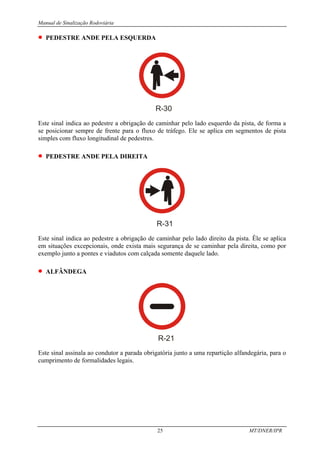 Manual de Sinalização Rodoviária
25 MT/DNER/IPR
• PEDESTRE ANDE PELA ESQUERDA
R-30
Este sinal indica ao pedestre a obrigação de caminhar pelo lado esquerdo da pista, de forma a
se posicionar sempre de frente para o fluxo de tráfego. Ele se aplica em segmentos de pista
simples com fluxo longitudinal de pedestres.
• PEDESTRE ANDE PELA DIREITA
R-31
Este sinal indica ao pedestre a obrigação de caminhar pelo lado direito da pista. Êle se aplica
em situações excepcionais, onde exista mais segurança de se caminhar pela direita, como por
exemplo junto a pontes e viadutos com calçada somente daquele lado.
• ALFÂNDEGA
R-21
Este sinal assinala ao condutor a parada obrigatória junto a uma repartição alfandegária, para o
cumprimento de formalidades legais.
 