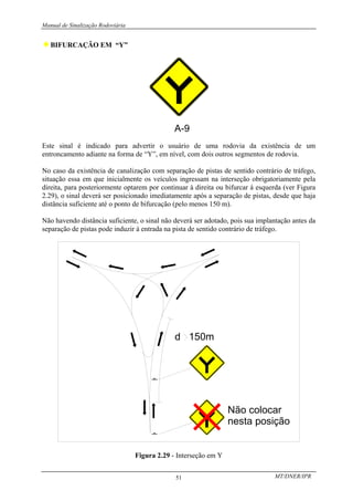 Manual de Sinalização Rodoviária
MT/DNER/IPR
51
♦BIFURCAÇÃO EM “Y”
Este sinal é indicado para advertir o usuário de uma rodovia da existência de um
entroncamento adiante na forma de “Y”, em nível, com dois outros segmentos de rodovia.
No caso da existência de canalização com separação de pistas de sentido contrário de tráfego,
situação essa em que inicialmente os veículos ingressam na interseção obrigatoriamente pela
direita, para posteriormente optarem por continuar à direita ou bifurcar à esquerda (ver Figura
2.29), o sinal deverá ser posicionado imediatamente após a separação de pistas, desde que haja
distância suficiente até o ponto de bifurcação (pelo menos 150 m).
Não havendo distância suficiente, o sinal não deverá ser adotado, pois sua implantação antes da
separação de pistas pode induzir à entrada na pista de sentido contrário de tráfego.
d 150m
Não colocar
nesta posição
Figura 2.29 - Interseção em Y
 