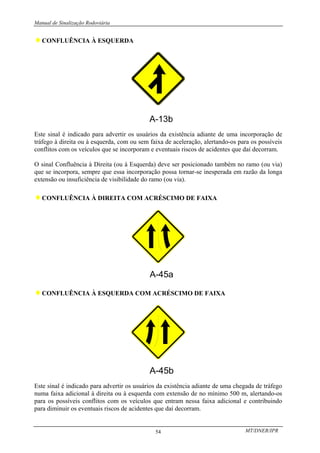 Manual de Sinalização Rodoviária
MT/DNER/IPR
54
♦CONFLUÊNCIA À ESQUERDA
Este sinal é indicado para advertir os usuários da existência adiante de uma incorporação de
tráfego à direita ou à esquerda, com ou sem faixa de aceleração, alertando-os para os possíveis
conflitos com os veículos que se incorporam e eventuais riscos de acidentes que daí decorram.
O sinal Confluência à Direita (ou à Esquerda) deve ser posicionado também no ramo (ou via)
que se incorpora, sempre que essa incorporação possa tornar-se inesperada em razão da longa
extensão ou insuficiência de visibilidade do ramo (ou via).
♦CONFLUÊNCIA À DIREITA COM ACRÉSCIMO DE FAIXA
A-45a
♦CONFLUÊNCIA À ESQUERDA COM ACRÉSCIMO DE FAIXA
A-45b
Este sinal é indicado para advertir os usuários da existência adiante de uma chegada de tráfego
numa faixa adicional à direita ou à esquerda com extensão de no mínimo 500 m, alertando-os
para os possíveis conflitos com os veículos que entram nessa faixa adicional e contribuindo
para diminuir os eventuais riscos de acidentes que daí decorram.
 