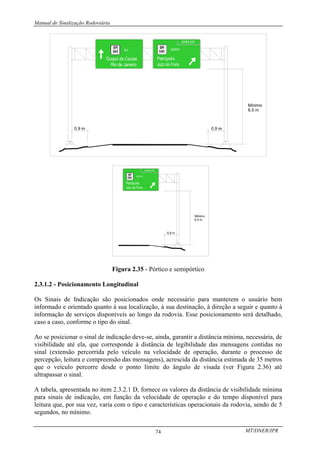 Manual de Sinalização Rodoviária
MT/DNER/IPR
74
Figura 2.35 - Pórtico e semipórtico
2.3.1.2 - Posicionamento Longitudinal
Os Sinais de Indicação são posicionados onde necessário para manterem o usuário bem
informado e orientado quanto à sua localização, à sua destinação, à direção a seguir e quanto à
informação de serviços disponíveis ao longo da rodovia. Esse posicionamento será detalhado,
caso a caso, conforme o tipo do sinal.
Ao se posicionar o sinal de indicação deve-se, ainda, garantir a distância mínima, necessária, de
visibilidade até ela, que corresponde à distância de legibilidade das mensagens contidas no
sinal (extensão percorrida pelo veículo na velocidade de operação, durante o processo de
percepção, leitura e compreensão das mensagens), acrescida da distância estimada de 35 metros
que o veículo percorre desde o ponto limite do ângulo de visada (ver Figura 2.36) até
ultrapassar o sinal.
A tabela, apresentada no item 2.3.2.1 D, fornece os valores da distância de visibilidade mínima
para sinais de indicação, em função da velocidade de operação e do tempo disponível para
leitura que, por sua vez, varia com o tipo e características operacionais da rodovia, sendo de 5
segundos, no mínimo.
 