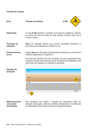 108 Sinais de Advertência – Pedestres e ciclistas
Trânsito de ciclistas
Sinal Trânsito de ciclistas A-30a
Significado O sinal A-30a adverte o condutor do veículo da existência, adiante,
de trecho de pista ao longo do qual ciclistas circulam pela via ou
cruzam a pista.
Princípios de
utilização
Deve ser utilizado sempre que ocorrer circulação freqüente ou
travessia não sinalizada de ciclistas na via.
Posicionamento
na via
A placa deve ser colocada no lado direito da via/pista, de acordo com
critérios estipulados no Capítulo 4.
Em pista com sentido único de circulação, em que o posicionamento
da placa à direita não apresente boas condições de visibilidade, este
sinal pode ser repetido ou colocado à esquerda.
Exemplo de
aplicação
Relacionamento
com outras
sinalizações
Nas situações que exijam a redução de velocidade, pode ser
utilizada sinalização conforme critérios estabelecidos nos Manuais
de Sinalização Horizontal e Vertical de Regulamentação.
 