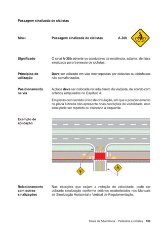 Sinais de Advertência – Pedestres e ciclistas 109
Passagem sinalizada de ciclistas
Sinal Passagem sinalizada de ciclistas A-30b
Significado O sinal A-30b adverte os condutores da existência, adiante, de faixa
sinalizada para travessia de ciclistas.
Princípios de
utilização
Deve ser utilizado em vias interceptadas por ciclovias ou ciclofaixas
não semaforizadas.
Posicionamento
na via
A placa deve ser colocada no lado direito da via/pista, de acordo com
critérios estipulados no Capítulo 4.
Em pistas com sentido único de circulação, em que o posicionamento
da placa à direita não apresente boas condições de visibilidade, este
sinal pode ser repetido ou colocado à esquerda.
Exemplo de
aplicação
Relacionamento
com outras
sinalizações
Nas situações que exijam a redução de velocidade, pode ser
utilizada sinalização conforme critérios estabelecidos nos Manuais
de Sinalização Horizontal e Vertical de Regulamentação.
 