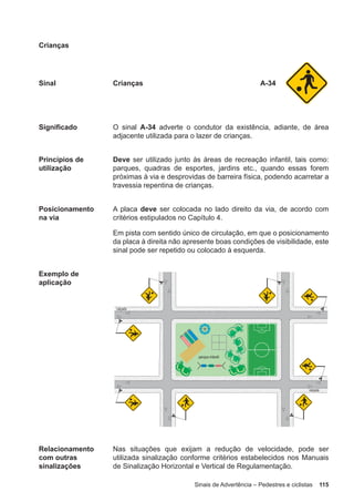 Sinais de Advertência – Pedestres e ciclistas 115
Crianças
Sinal Crianças A-34
Significado O sinal A-34 adverte o condutor da existência, adiante, de área
adjacente utilizada para o lazer de crianças.
Princípios de
utilização
Deve ser utilizado junto às áreas de recreação infantil, tais como:
parques, quadras de esportes, jardins etc., quando essas forem
próximas à via e desprovidas de barreira física, podendo acarretar a
travessia repentina de crianças.
Posicionamento
na via
A placa deve ser colocada no lado direito da via, de acordo com
critérios estipulados no Capítulo 4.
Em pista com sentido único de circulação, em que o posicionamento
da placa à direita não apresente boas condições de visibilidade, este
sinal pode ser repetido ou colocado à esquerda.
Exemplo de
aplicação
Relacionamento
com outras
sinalizações
Nas situações que exijam a redução de velocidade, pode ser
utilizada sinalização conforme critérios estabelecidos nos Manuais
de Sinalização Horizontal e Vertical de Regulamentação.
 