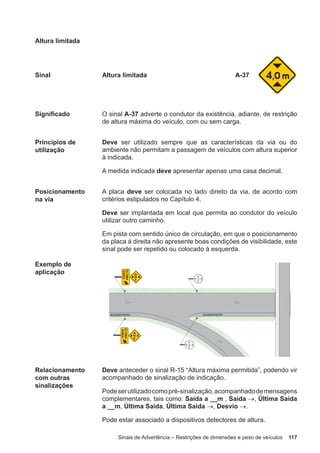 Sinais de Advertência – Restrições de dimensões e peso de veículos 117
Altura limitada
Sinal Altura limitada A-37
Significado O sinal A-37 adverte o condutor da existência, adiante, de restrição
de altura máxima do veículo, com ou sem carga.
Princípios de
utilização
Deve ser utilizado sempre que as características da via ou do
ambiente não permitam a passagem de veículos com altura superior
à indicada.
A medida indicada deve apresentar apenas uma casa decimal.
Posicionamento
na via
A placa deve ser colocada no lado direito da via, de acordo com
critérios estipulados no Capítulo 4.
Deve ser implantada em local que permita ao condutor do veículo
utilizar outro caminho.
Em pista com sentido único de circulação, em que o posicionamento
da placa à direita não apresente boas condições de visibilidade, este
sinal pode ser repetido ou colocado à esquerda.
Exemplo de
aplicação
Relacionamento
com outras
sinalizações
Deve anteceder o sinal R-15 “Altura máxima permitida”, podendo vir
acompanhado de sinalização de indicação.
Podeserutilizadocomopré-sinalização,acompanhadodemensagens
complementares, tais como: Saída a __m , Saída →, Última Saída
a __m, Última Saída, Última Saída →, Desvio →.
Pode estar associado a dispositivos detectores de altura.
 