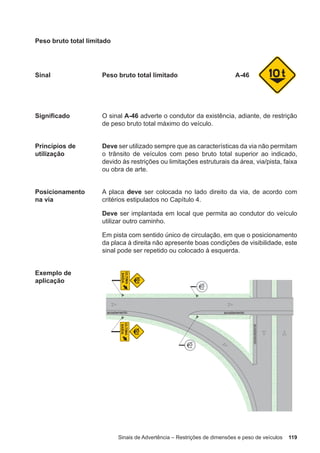 Sinais de Advertência – Restrições de dimensões e peso de veículos 119
Peso bruto total limitado
Sinal Peso bruto total limitado A-46
Significado O sinal A-46 adverte o condutor da existência, adiante, de restrição
de peso bruto total máximo do veículo.
Princípios de
utilização
Deve ser utilizado sempre que as características da via não permitam
o trânsito de veículos com peso bruto total superior ao indicado,
devido às restrições ou limitações estruturais da área, via/pista, faixa
ou obra de arte.
Posicionamento
na via
A placa deve ser colocada no lado direito da via, de acordo com
critérios estipulados no Capítulo 4.
Deve ser implantada em local que permita ao condutor do veículo
utilizar outro caminho.
Em pista com sentido único de circulação, em que o posicionamento
da placa à direita não apresente boas condições de visibilidade, este
sinal pode ser repetido ou colocado à esquerda.
Exemplo de
aplicação
 