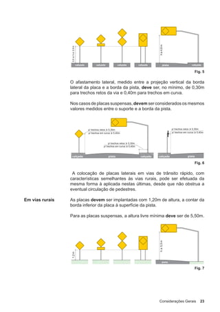 Considerações Gerais 23
Fig. 5
O afastamento lateral, medido entre a projeção vertical da borda
lateral da placa e a borda da pista, deve ser, no mínimo, de 0,30m
para trechos retos da via e 0,40m para trechos em curva.
Nos casos de placas suspensas, devem ser considerados os mesmos
valores medidos entre o suporte e a borda da pista.
Fig. 6
A colocação de placas laterais em vias de trânsito rápido, com
características semelhantes às vias rurais, pode ser efetuada da
mesma forma à aplicada nestas últimas, desde que não obstrua a
eventual circulação de pedestres.
Em vias rurais As placas devem ser implantadas com 1,20m de altura, a contar da
borda inferior da placa à superfície da pista.
Para as placas suspensas, a altura livre mínima deve ser de 5,50m.
Fig. 7
 