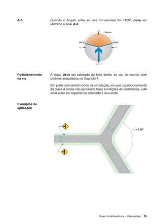 Sinais de Advertência – Interseções 59
A-9 Quando o ângulo entre as vias transversais for <120º, deve ser
utilizado o sinal A-9.
Posicionamento
na via
A placa deve ser colocada no lado direito da via, de acordo com
critérios estipulados no Capítulo 4.
Em pista com sentido único de circulação, em que o posicionamento
da placa à direita não apresente boas condições de visibilidade, este
sinal pode ser repetido ou colocado à esquerda.
Exemplos de
aplicação
 