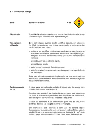 Sinais de Advertência – Controle de tráfego 65
5.3 Controle de tráfego
Sinal Semáforo à frente A-14
Significado O sinal A-14 adverte o condutor do veículo da existência, adiante, de
uma sinalização semafórica de regulamentação.
Princípios de
utilização
Deve ser utilizado quando existir semáforo adiante, em situações
de difícil percepção ou que possa comprometer a segurança dos
usuários da via, tais como:
– antes de um semáforo localizado em posição que não obedeça as
condições mínimas de visibilidade, necessárias para a percepção,
reação e manobra do condutor, como após curvas horizontais ou
verticais;
– em rodovias/vias de trânsito rápido;
– em saídas de túneis;
– após longos trechos de fluxo ininterrupto;
– apóslongostrechossemsemáforooulongostrechosdepreferência
de passagem.
Pode ser utilizado quando da implantação de um novo conjunto
semafórico, permanecendo tempo suficiente para a consolidação do
equipamento semafórico.
Posicionamento
na via
A placa deve ser colocada no lado direito da via, de acordo com
critérios estipulados no Capítulo 4.
Em pista com sentido único de circulação, em que o posicionamento
da placa a direita não apresentem boas condições de visibilidade,
este sinal pode ser repetido ou colocado a esquerda.
O local do semáforo a ser considerado para fins de cálculo da
distância do sinal é a posição da linha de retenção.
Em interseções com rodovias e com vias de trânsito rápido
(antecedendo o cruzamento com outras vias) é obrigatório o uso do
sinal A-14 com mensagem complementar de distância “A__m”, a no
mínimo 300m e repetido entre 300m e 100m antes da interseção.
 