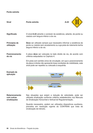 86 Sinais de Advertência – Traçado da pista
Ponte estreita
Sinal Ponte estreita A-22
Significado O sinal A-22 adverte o condutor da existência, adiante, de ponte ou
viaduto com largura inferior a da via.
Princípios de
utilização
Deve ser utilizado sempre que necessário informar a existência de
ponte ou viaduto sem acostamento ou cuja pista de rolamento tenha
largura inferior a da via.
Posicionamento
da via
A placa deve ser colocada no lado direito da via, de acordo com
critérios estipulados no Capítulo 4.
Em pista com sentido único de circulação, em que o posicionamento
da placa à direita não apresente boas condições de visibilidade, este
sinal pode ser repetido ou colocado à esquerda.
Exemplo de
aplicação
Relacionamento
com outras
sinalizações
Nas situações que exijam a redução de velocidade, pode ser
utilizada sinalização conforme critérios estabelecidos nos Manuais
de Sinalização Horizontal e Vertical de Regulamentação.
Quando necessário, podem ser utilizados dispositivos auxiliares,
previstos em resolução vigente do CONTRAN que trata de
sinalização de trânsito.
 