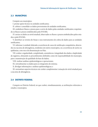 Sistema de Informação de Agravos de Notificação – Sinan

2.3	 municípios
Compete aos municípios:
I. prestar apoio técnico às unidades notificantes;
II. coletar e consolidar os dados provenientes de unidades notificantes;
III. estabelecer fluxos e prazos para o envio de dados pelas unidades notificantes; respeitando os fluxos e prazos estabelecidos pela SVS/MS;
IV. enviar os dados ao nível estadual, observados os fluxos e prazos estabelecidos pelos estados e pela SVS/MS;
V. distribuir as versões do Sinan e seus instrumentos de coleta de dados para as unidades
notificantes;
VI. informar à unidade federada a ocorrência de casos de notificação compulsória, detectados na sua área de abrangência, residentes em outros municípios, ou a ocorrência de surtos ou
epidemias, com risco de disseminação no País;
VII. avaliar a regularidade, completitude, consistência e integridade dos dados e duplicidade
de registros, efetuando os procedimentos definidos como de responsabilidade do município,
para a manutenção da qualidade da base de dados;
VIII. realizar análises epidemiológicas e operacionais;
IX. retroalimentar os dados para os integrantes do sistema;
X. divulgar informações e análises epidemiológicas; e
XI. normatizar aspectos técnicos em caráter complementar à atuação do nível estadual para
a sua área de abrangência.

2.4	 distrito federal
Compete ao Distrito Federal, no que couber, simultaneamente, as atribuições referentes a
estados e municípios.

11

 