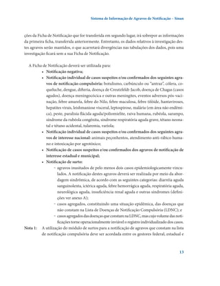 Sistema de Informação de Agravos de Notificação – Sinan

ções da Ficha de Notificação que for transferida em segundo lugar, irá sobrepor as informações
da primeira ficha, transferida anteriormente. Entretanto, os dados relativos à investigação destes agravos serão mantidos, o que acarretará divergências nas tabulações dos dados, pois uma
investigação ficará sem a sua Ficha de Notificação.
A Ficha de Notificação deverá ser utilizada para:
•	 Notificação negativa;
•	 Notificação individual de casos suspeitos e/ou confirmados dos seguintes agravos de notificação compulsória: botulismo, carbúnculo ou “antraz”, cólera, coqueluche, dengue, difteria, doença de Creutzfeldt-Jacob, doença de Chagas (casos
agudos), doença meningocócica e outras meningites, eventos adversos pós-vacinação, febre amarela, febre do Nilo, febre maculosa, febre tifóide, hantaviroses,
hepatites virais, leishmaniose visceral, leptospirose, malária (em área não endêmica), peste, paralisia flácida aguda/poliomielite, raiva humana, rubéola, sarampo,
síndrome da rubéola congênita, síndrome respiratória aguda grave, tétano neonatal e tétano acidental, tularemia, varíola;
•	 Notificação individual de casos suspeitos e/ou confirmados dos seguintes agravos de interesse nacional: animais peçonhentos, atendimento anti-­rábico humano e intoxicação por agrotóxico;
•	 Notificação de casos suspeitos e/ou confirmados dos agravos de notificação de
interesse estadual e municipal;
•	 Notificação de surto:
‒	 agravos inusitados de pelo menos dois casos epidemiologicamente vinculados. A notificação destes agravos deverá ser realizada por meio da abordagem sindrômica, de acordo com as seguintes categorias: diarréia aguda
sanguinolenta, ictérica aguda, febre hemorrágica aguda, respiratória aguda,
neurológica aguda, insuficiência renal aguda e outras síndromes (definições ver anexo A);
‒	 casos agregados, constituindo uma situação epidêmica, das doenças que
não constam na Lista de Doenças de Notificação Compulsória (LDNC); e
‒	 casos agregados das doenças que constam na LDNC, mas cujo volume das notificações torne operacionalmente inviável o registro individualizado dos casos.
Nota 1:	 utilização do módulo de surtos para a notificação de agravos que constam na lista
A
de notificação compulsória deve ser acordada entre os gestores federal, estadual e

13

 