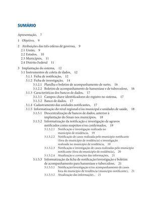 Sumário
Apresentação,  7
1	 Objetivo,  9
2	 Atribuições das três esferas de governo,  9
2.1	União,  9
2.2	Estados,  10
2.3	Municípios,  11
2.4	Distrito Federal  11
3	 Implantação do sistema,  12
3.1	Instrumentos de coleta de dados,  12
3.1.1	 Ficha de notificação,  12
3.1.2	 Ficha de investigação,  14
3.1.2.1	 Planilha e boletim de acompanhamento de surto,  16
3.1.2.2	 Boletins de acompanhamento de hanseníase e de tuberculose,  16
3.1.3	 Características dos bancos de dados,  17
3.1.3.1	 Campos-chave identificadores do registro no sistema,  17
3.1.3.2	 Banco de dados,  17
3.1.4	 Cadastramento das unidades notificantes,  17
3.1.5	 Informatização do nível regional e/ou municipal e unidades de saúde,  18
3.1.5.1	 Descentralização de bancos de dados, anterior à
implantação do Sinan nos municípios,  18
3.1.5.2	 Informatização da notificação e investigação de agravos
notificados como suspeitos e/ou confirmados,  19
3.1.5.2.1	 Notificação e investigação realizada no
município de residência,  19
3.1.5.2.2	 Notificação de casos realizada pelo município notificante
(fora do município de residência) e investigação
realizada no município de residência,  19
3.1.5.2.3	 Notificação e investigação de casos realizadas pelo município
notificante (fora do município de residência),  20
3.1.5.2.4	 Atualização e correções das informações,  21

3.1.5.3	 Informatização da ficha de notificação/investigação e boletim
de acompanhamento para hanseníase e tuberculose,  21

3.1.5.3.1	 Notificação/investigação e/ou acompanhamento de casos
fora do município de residência (município notificante),  21
3.1.5.3.2	 Atualização das informações ,  21

 