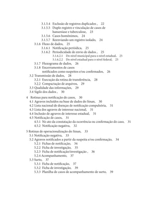 3.1.5.4	 Exclusão de registros duplicados ,  22
3.1.5.5	 Duplo registro e vinculação de casos de
hanseníase e tuberculose,  23
3.1.5.6	 Casos homônimos,  24
3.1.5.7	 Reenviando um registro isolado,  24
3.1.6	 Fluxo de dados,  25
3.1.6.1	 Notificação periódica,  25
3.1.6.2	 Periodicidade de envio de dados ,  25

3.1.6.2.1	 Do nível municipal para o nível estadual,  25
3.1.6.2.2	 Do nível estadual para o nível federal,  25

3.1.7	 Fluxograma de dados,  26
3.1.8	 Encerramentos de casos
	
notificados como suspeitos e/ou confirmados,  26
3.2	Transmissão de dados,  28
3.2.1	 Execução da rotina de transferência,  28
3.2.2	 Compactação de arquivos,  29
3.3	Qualidade das informações,  29
3.4	Sigilo dos dados ,  30

4	 Rotinas para notificação de casos,  30
4.1	Agravos incluídos na base de dados do Sinan,  30
4.2	Lista nacional de doenças de notificação compulsória,  31
4.3	Lista dos agravos de interesse nacional,  31
4.4	Inclusão de agravos de interesse estadual,  31
4.5	Notificação de casos,  31
4.5.1	 No ato da constatação da ocorrência ou confirmação do caso,  31
4.5.2	 Notificação negativa,  32
5 Rotinas de operacionalização do Sinan,  33
5.1 Notificação negativa,  33
5.2 Agravos notificados a partir da suspeita e/ou confirmação,  34
5.2.1	 Fichas de notificação,  34
5.2.2	 Ficha de investigação,  35
5.2.3	 Ficha de notificação/investigação ,  36
5.2.4 Acompanhamento,  37
5.3 Surto,  37
5.3.1	 Ficha de notificação,  37
5.3.2	 Ficha de investigação,  39
5.3.3	 Planilha de casos de acompanhamento de surto,  39

 
