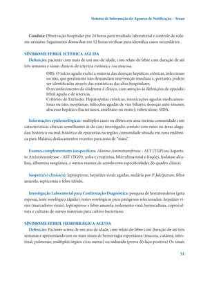 Sistema de Informação de Agravos de Notificação – Sinan

Conduta: Observação hospitalar por 24 horas para resultado laboratorial e controle de volume urinário. Seguimento domiciliar em 12 horas verificar para identifica casos secundários .
SÍNDROME FEBRIL ICTÉRICA AGUDA
Definição: paciente com mais de um ano de idade, com relato de febre com duração de até
três semanas e sinais clínicos de icterícia cutânea e /ou mucosa.  
	 OBS: O início agudo exclui a maioria das doenças hepáticas crônicas, infecciosas
ou não, que geralmente não demandam intervenção imediata e, portanto, podem
ser identificadas através das estatísticas das altas hospitalares.
	 O reconhecimento da síndrome é clínico, com atenção às definições de episódio
febril agudo e de icterícia.
	 Critérios de Exclusão: Hepatopatias crônicas; intoxicações agudas medicamentosas ou não; neoplasias; infecções agudas de vias biliares; doenças auto-imunes;
abscesso hepático (bacterianos, amebiano ou misto); tuberculose; SIDA.
Informações epidemiológicas: múltiplos casos ou óbitos em uma mesma comunidade com
características clínicas semelhantes às do caso investigado; contato com ratos ou áreas alagadas; histórico vacinal; histórico de epizootias na região; comunidade situada em zona endêmica para Malária; deslocamentos recentes para zona de “mata”.
Exames complementares inespecíficos: Alanino Aminotransferase - ALT (TGP) ou Aspartato Aminotransferase - AST (TGO), uréia e creatinina, bilirrubina total e frações, fosfatase alcalina, albumina sangüínea, e outros exames de acordo com especificidades do quadro clínico.
Suspeita(s) clínica(s): leptospirose, hepatites virais agudas, malária por P. falcíparum, febre
amarela, septicemia e febre tifóide.
Investigação Laboratorial para Confirmação Diagnóstica: pesquisa de hematozoários (gota
espessa, teste sorológico rápido); testes sorológicos para patógenos selecionados: hepatites virais (marcadores virais), leptospirose e febre amarela; isolamento viral; hemocultura, coprocultura e culturas de outros materiais para cultivo bacteriano.
SÍNDROME FEBRIL HEMORRÁGICA AGUDA
Definição: Paciente acima de um ano de idade, com relato de febre com duração de até três
semanas e apresentando um ou mais sinais de hemorragia espontânea (mucosa, cutânea, intestinal, pulmonar, múltiplos órgãos e/ou outras) ou induzida (prova do laço positiva) Os sinais
51

 