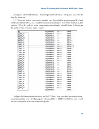 Sistema de Informação de Agravos de Notificação – Sinan

Caso a pasta selecionada não seja a da sua respectiva UF, localize-a navegando nas pastas do
lado direito da tela.
O GT-Sinan irá utilizar esse mesmo servidor para disponibilizar arquivos para SES. Será
criada uma pasta BRASIL, onde ficarão localizadas as atualizações do sistema. Além disso, por
meio do FTP as SES poderão enviar bases para serem analisadas pelo GT-Sinan. A disposição
das pastas se dará conforme figura a seguir:

Qualquer dúvida quanto a instalação e uso do FTP, bem como para obter a senha de acesso,
entrar em contato com o GT-Sinan pelos telefones (61)315-3661/3662/3667 ou pelo e-mail
Sinan@saude.gov.br ou Sinandados@saude.gov.br.

69

 