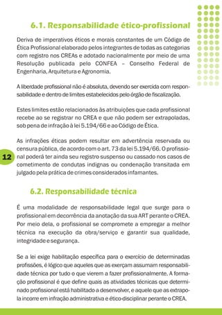 6.1. Responsabilidade ético-profissional
     Deriva de imperativos éticos e morais constantes de um Código de
     Ética Profissional elaborado pelos integrantes de todas as categorias
     com registro nos CREAs e adotado nacionalmente por meio de uma
     Resolução publicada pelo CONFEA – Conselho Federal de
     Engenharia, Arquitetura e Agronomia.

     A liberdade profissional não é absoluta, devendo ser exercida com respon-
     sabilidade e dentro de limites estabelecidos pelo órgão de fiscalização.

     Estes limites estão relacionados às atribuições que cada profissional
     recebe ao se registrar no CREA e que não podem ser extrapoladas,
     sob pena de infração à lei 5.194/66 e ao Código de Ética.

     As infrações éticas podem resultar em advertência reservada ou
     censura pública, de acordo com o art. 73 da lei 5.194/66. O profissio-
12   nal poderá ter ainda seu registro suspenso ou cassado nos casos de
     cometimento de condutas indignas ou condenação transitada em
     julgado pela prática de crimes considerados infamantes.


          6.2. Responsabilidade técnica
     É uma modalidade de responsabilidade legal que surge para o
     profissional em decorrência da anotação da sua ART perante o CREA.
     Por meio dela, o profissional se compromete a empregar a melhor
     técnica na execução da obra/serviço e garantir sua qualidade,
     integridade e segurança.

     Se a lei exige habilitação específica para o exercício de determinadas
     profissões, é lógico que aqueles que as exerçam assumam responsabili-
     dade técnica por tudo o que vierem a fazer profissionalmente. A forma-
     ção profissional é que define quais as atividades técnicas que determi-
     nado profissional está habilitado a desenvolver, e aquele que as extrapo-
     la incorre em infração administrativa e ético-disciplinar perante o CREA.
 