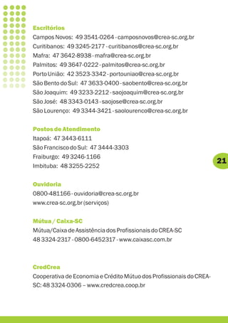 Escritórios
Campos Novos: 49 3541-0264 - camposnovos@crea-sc.org.br
Curitibanos: 49 3245-2177 - curitibanos@crea-sc.org.br
Mafra: 47 3642-8938 - mafra@crea-sc.org.br
Palmitos: 49 3647-0222 - palmitos@crea-sc.org.br
Porto União: 42 3523-3342 - portouniao@crea-sc.org.br
São Bento do Sul: 47 3633-0400 - saobento@crea-sc.org.br
São Joaquim: 49 3233-2212 - saojoaquim@crea-sc.org.br
São José: 48 3343-0143 - saojose@crea-sc.org.br
São Lourenço: 49 3344-3421 - saolourenco@crea-sc.org.br

Postos de Atendimento
Itapoá: 47 3443-6111
São Francisco do Sul: 47 3444-3303
Fraiburgo: 49 3246-1166
                                                                     21
Imbituba: 48 3255-2252

Ouvidoria
0800-481166 - ouvidoria@crea-sc.org.br
www.crea-sc.org.br (serviços)

Mútua / Caixa-SC
Mútua/Caixa de Assistência dos Profissionais do CREA-SC
48 3324-2317 - 0800-6452317 - www.caixasc.com.br



CredCrea
Cooperativa de Economia e Crédito Mútuo dos Profissionais do CREA-
SC: 48 3324-0306 – www.credcrea.coop.br
 