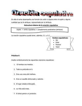 En ella el verbo desempeña una función de unión o cópula entre el sujeto y alguna
cualidad que se le atribuye, representada por el atributo.
                  Estructura básica de la oración copulativa

       Sujeto + verbo copulativo + complemento predicativo (atributo)


La oración copulativa puede tener, además, C.I. y C.C.
                                                             Verbos copulativos:
                                                                 Ser
                                                                 Estar
                                                                 Parecer
                                                                 Yacer




Práctica 6

Analice sintácticamente las siguientes oraciones copulativas:

   1. El hombre era mestizo.


   2. Todo es profundo en ti.


   3. Eres una rama del mañana.


   4. Eres un caudillo afortunado y valiente.


   5. El lugar estaba embrujado.


   6. La niña está triste.


   7. El árbol parece un protector.
 