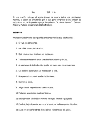 Suj.                C.D. v. tr.

En una oración recíproca el sujeto siempre es plural o indica una colectividad.
Además, la acción es simultánea; por lo que para comprobar si una oración es
recíproca o no, se le pueden agregar las palabras “al mismo tiempo”. Ejemplo:
Mickey y Pluto se abrazaron al mismo tiempo.



Práctica 8

Analice sintácticamente las siguientes oraciones transitivas y clasifíquelas:

   1. Él y yo nos abrazamos.


   2. Los niños lanzan piedras al río.


   3. Raúl y sus amigos limpiaron los pisos ayer.


   4. Todo esto miraban de entre unas breñas Cardenio y el Cura.


   5. Al anochecer de todos los días guiaba las vacas a un potrero cercano.


   6. Los caballos espantaban las moscas con la cola.


   7. Una puertecita comunicaba las habitaciones.


   8. Carmen se peinó.


   9. Jorge Luis se ha puesto una camisa nueva.


   10. Traíamos unos treinta toretes chúcaros.


   11. Recogieron en canastas de mimbre naranjas, limones y guayabas.


   12. En el río, bajo el puente, cerca de la fonda, se bañaban varios chiquillos.


   13. Elvira oyó el lejano ladrido de los perros y el canto de los gallos.
 