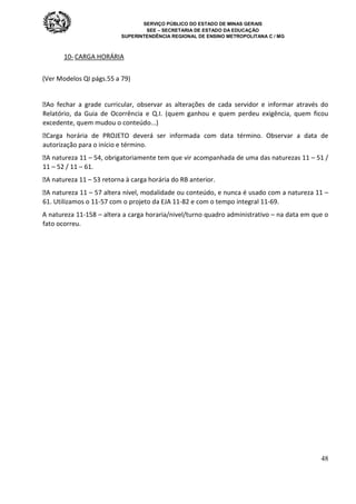 SERVIÇO PÚBLICO DO ESTADO DE MINAS GERAIS
SEE – SECRETARIA DE ESTADO DA EDUCAÇÃO
SUPERINTENDÊNCIA REGIONAL DE ENSINO METROPOLITANA C / MG
48
10- CARGA HORÁRIA
(Ver Modelos QI págs.55 a 79)
Ao fechar a grade curricular, observar as alterações de cada servidor e informar através do
Relatório, da Guia de Ocorrência e Q.I. (quem ganhou e quem perdeu exigência, quem ficou
excedente, quem mudou o conteúdo...)
Carga horária de PROJETO deverá ser informada com data término. Observar a data de
autorização para o início e término.
A natureza 11 – 54, obrigatoriamente tem que vir acompanhada de uma das naturezas 11 – 51 /
11 – 52 / 11 – 61.
A natureza 11 – 53 retorna à carga horária do RB anterior.
A natureza 11 – 57 altera nível, modalidade ou conteúdo, e nunca é usado com a natureza 11 –
61. Utilizamos o 11-57 com o projeto da EJA 11-82 e com o tempo integral 11-69.
A natureza 11-158 – altera a carga horaria/nivel/turno quadro administrativo – na data em que o
fato ocorreu.
 
