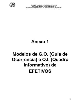 SERVIÇO PÚBLICO DO ESTADO DE MINAS GERAIS
SEE – SECRETARIA DE ESTADO DA EDUCAÇÃO
SUPERINTENDÊNCIA REGIONAL DE ENSINO METROPOLITANA C / MG
49
Anexo 1
Modelos de G.O. (Guia de
Ocorrência) e Q.I. (Quadro
Informativo) de
EFETIVOS
 