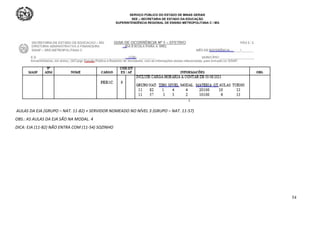 SERVIÇO PÚBLICO DO ESTADO DE MINAS GERAIS
SEE – SECRETARIA DE ESTADO DA EDUCAÇÃO
SUPERINTENDÊNCIA REGIONAL DE ENSINO METROPOLITANA C / MG
54
AULAS DA EJA (GRUPO – NAT. 11-82) + SERVIDOR NOMEADO NO NÍVEL 3 (GRUPO – NAT. 11-57)
OBS.: AS AULAS DA EJA SÃO NA MODAL. 4
DICA: EJA (11-82) NÃO ENTRA COM (11-54) SOZINHO
 