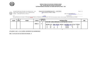 SERVIÇO PÚBLICO DO ESTADO DE MINAS GERAIS
SEE – SECRETARIA DE ESTADO DA EDUCAÇÃO
SUPERINTENDÊNCIA REGIONAL DE ENSINO METROPOLITANA C / MG
SERVIDOR NOMEADO NO NÍVEL 3 + AULAS DA EJA
UTILIZAR 11-82 + 11-61 (NÍVEL DIFERENTE DO NOMEADO)
OBS.: AS AULAS DA EJA SÃO NA MODAL. 4
 